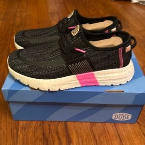 Hey Dude Black Knit Sneakers with Pink Highlights